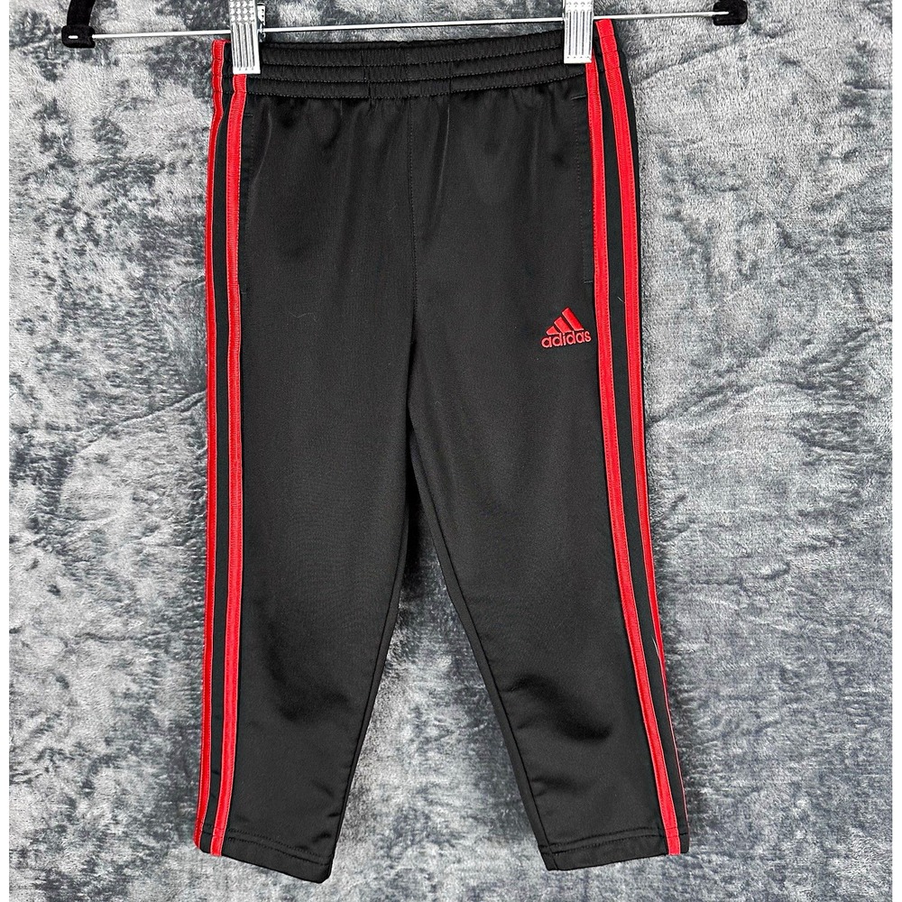 adidas Boys Track Pants Size 4 Black Red Striped Tapered Pull-On Elastic